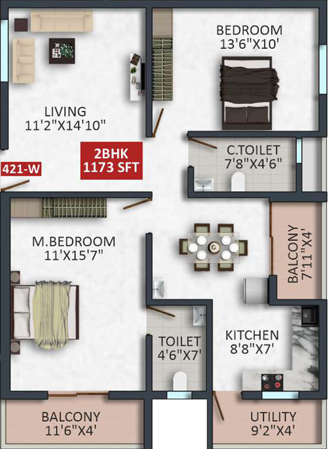 Aadhya Serene flat 421 2 BHK floor plan